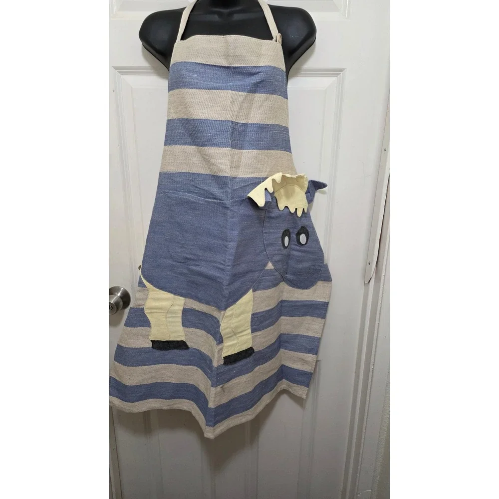 Liliina Linen Apron Unisex Blue White Striped Animal Character Art POLL Barbeque